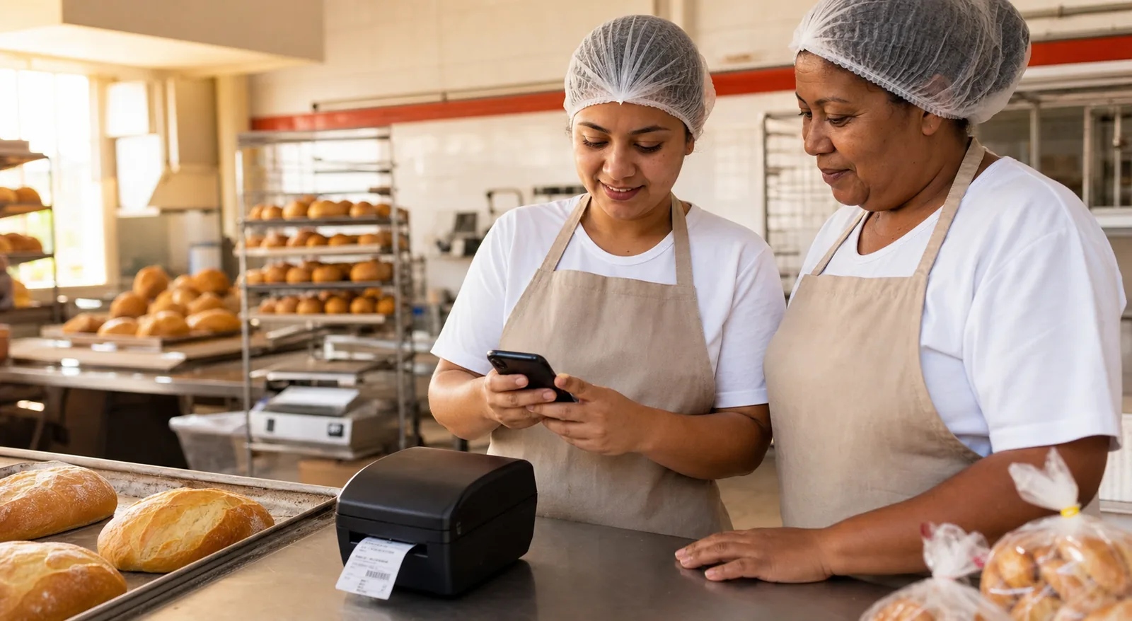 Colaboradoras de uma padaria usando o celular para imprimir uma etiqueta de validade